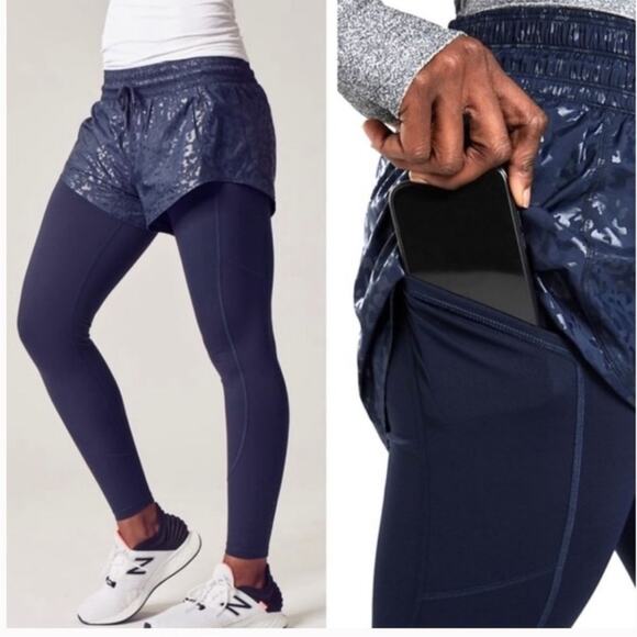 Athleta small  Ranier 2 in 1 Tight navy blue shorts leggings - Picture 1 of 8